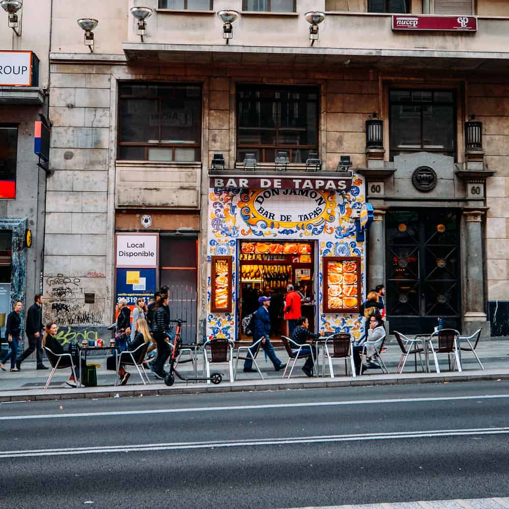 Facade of traditional tapas bar on Gran Via in Madrid, Spain